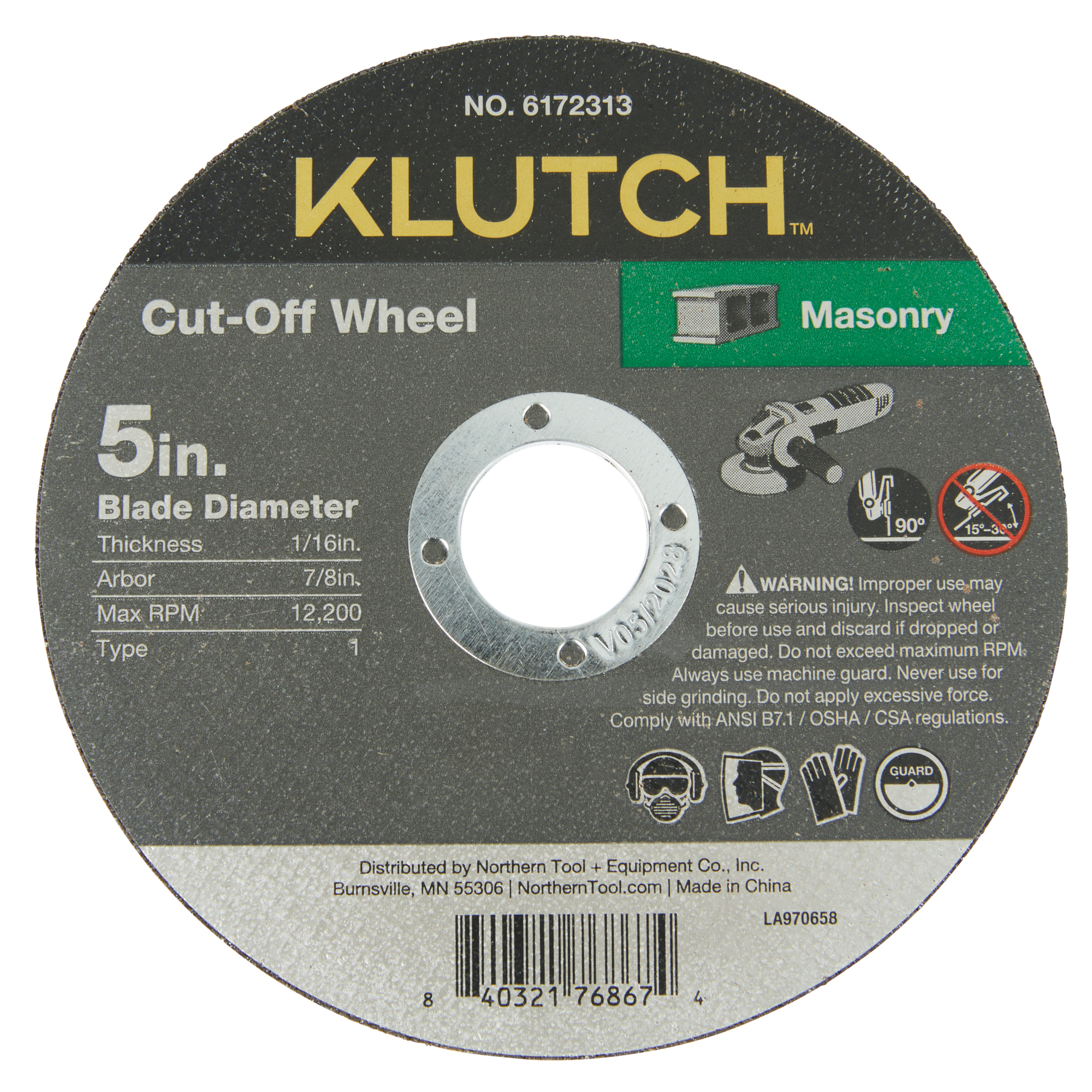Klutch Masonry Cutoff Wheel, 5in. x 1/16in. x 7/8in., Type 1